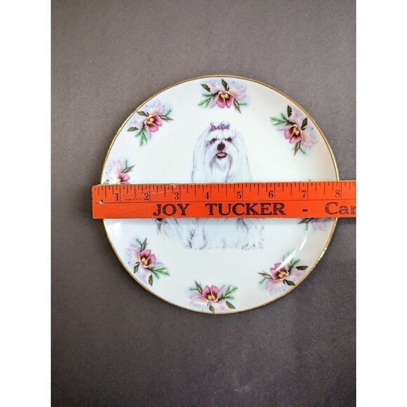 Maltese dog plate pink gold  tone trim  8"  home decor accents - Picture 7 of 7